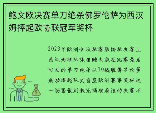 鲍文欧决赛单刀绝杀佛罗伦萨为西汉姆捧起欧协联冠军奖杯 鲍文欧决赛单刀绝杀佛罗伦萨为西汉姆捧起欧协联冠军奖杯